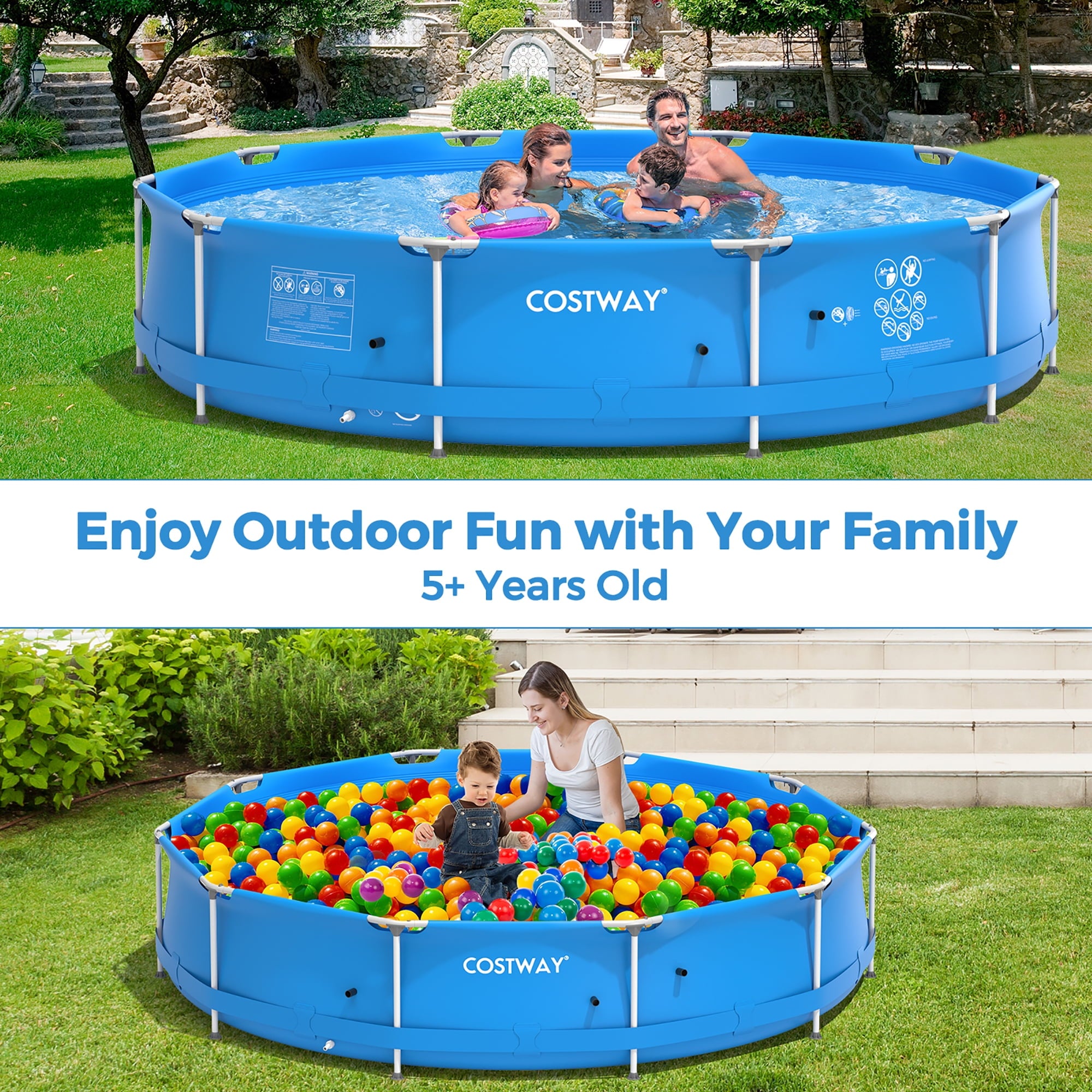 Costway Round Above Ground Swimming Pool Patio Frame Pool W/ Pool Cover Iron Frame Blue