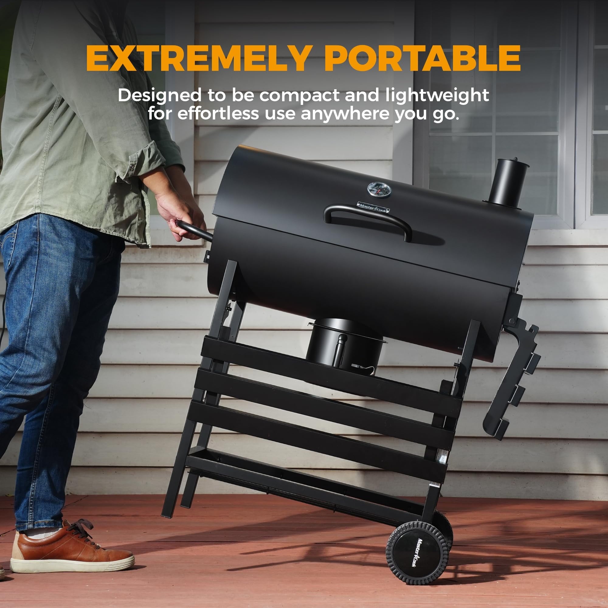 MASTER COOK Barrel Charcoal Grill with Foldable Shelf, Outdoor BBQ Smoker Grill with Thermometer and Adjustable Air Vents