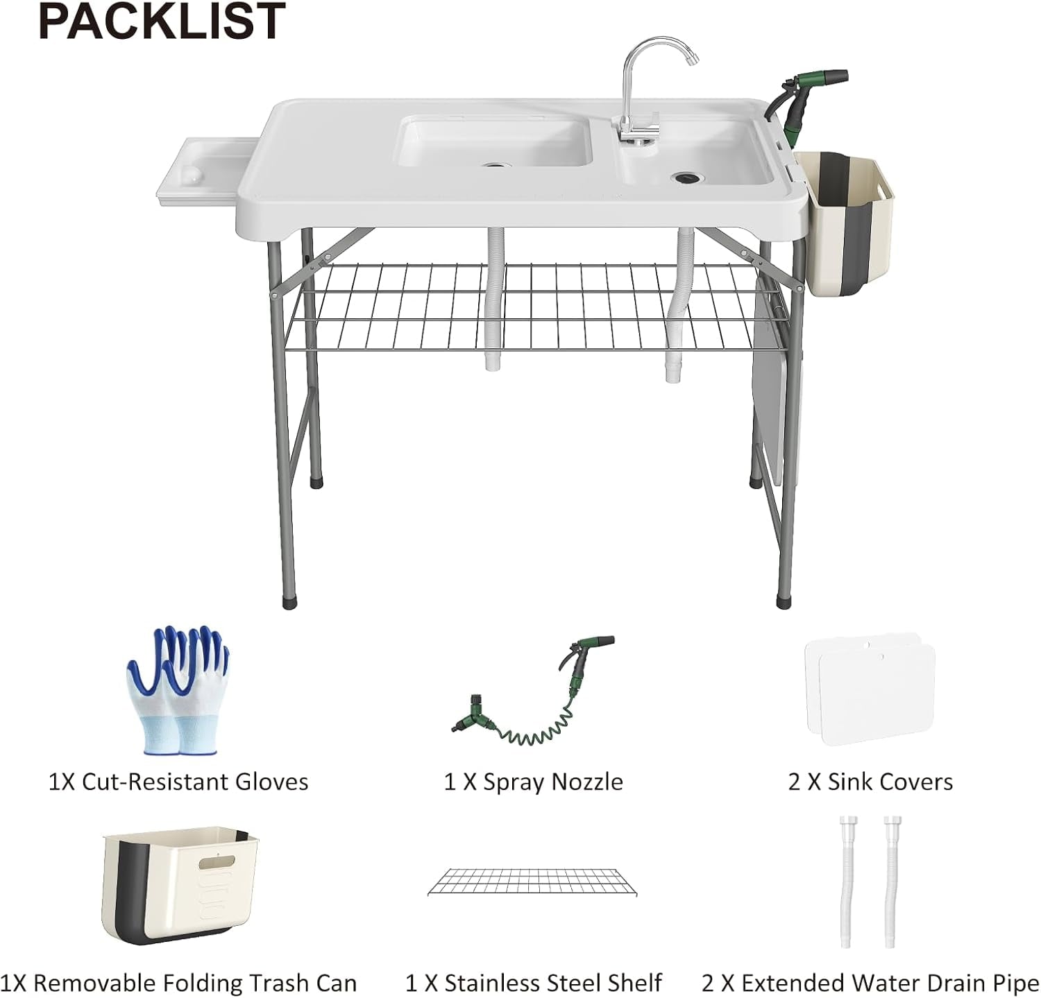 EVOKEDEN 42.5 Fish Cleaning Table w/ Sink, Folding Camping Table & Fish Cleaning Station w/ Measure Mark