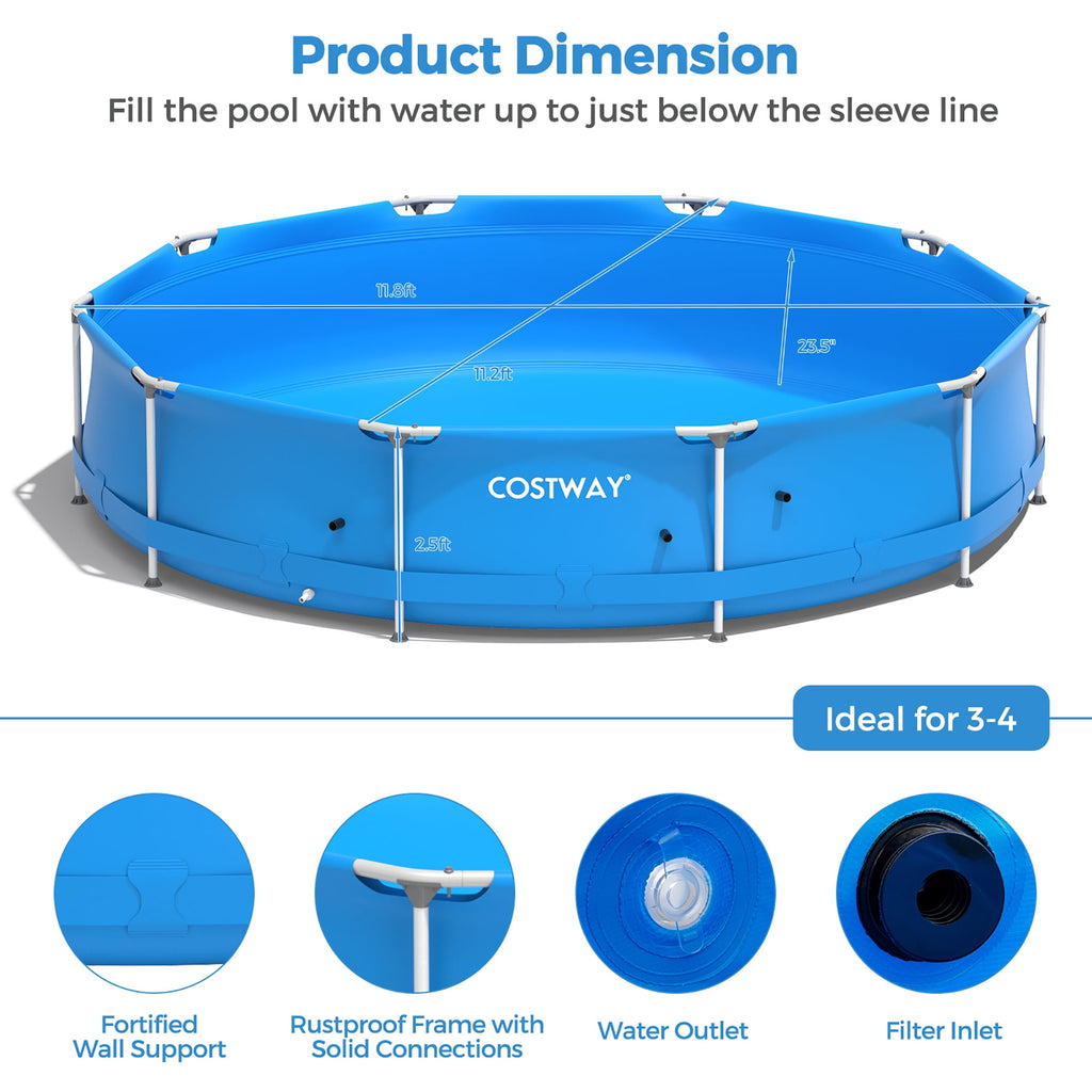 Costway Round Above Ground Swimming Pool Patio Frame Pool W/ Pool Cover Iron Frame Blue