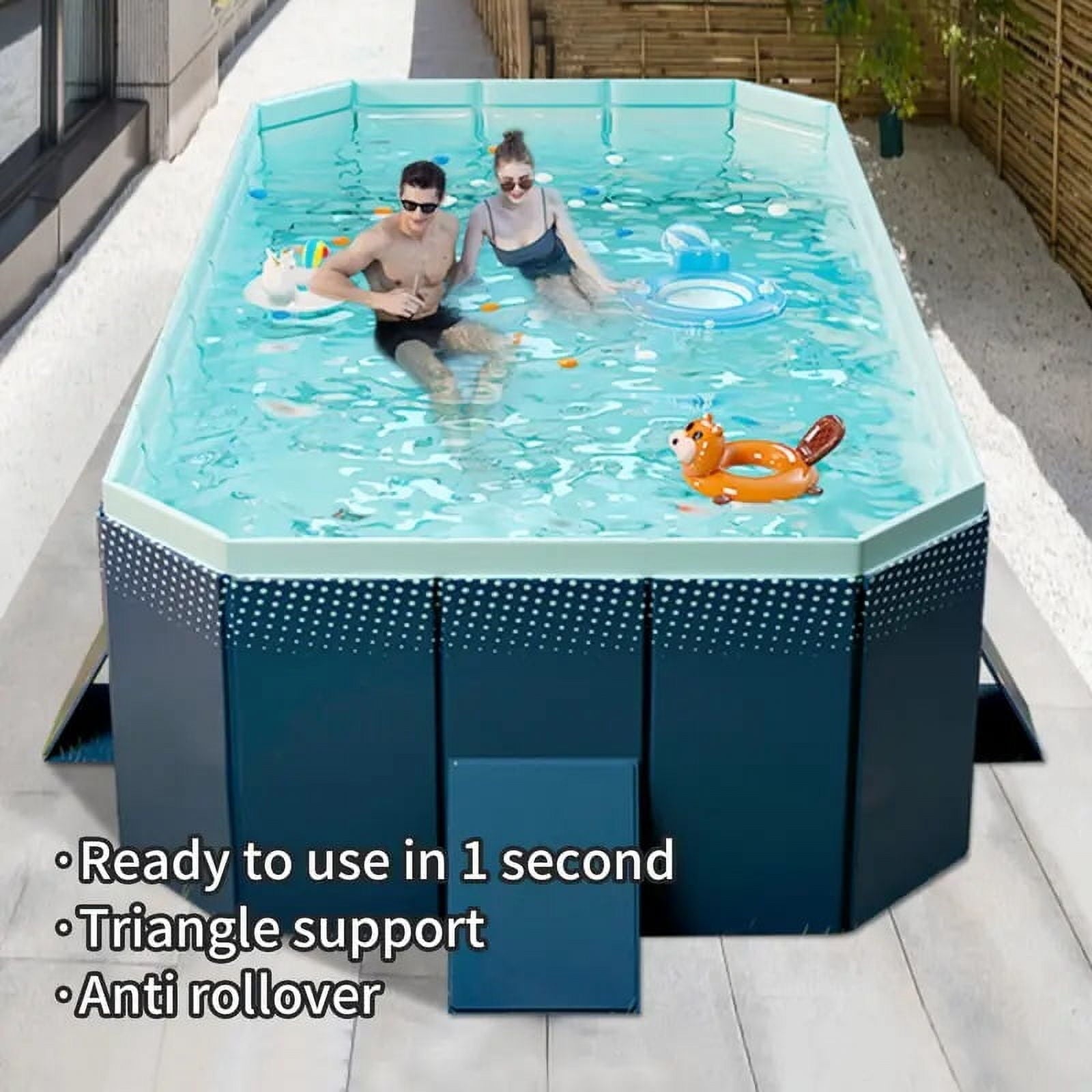 Olurrisa 9.8ft Blue PVC Folding Pool, Non-Inflatable, 1900L/500GAL Capacity for Outdoor Bathing & Cooling, Folds for Compact Storage (113”L x 66”W)