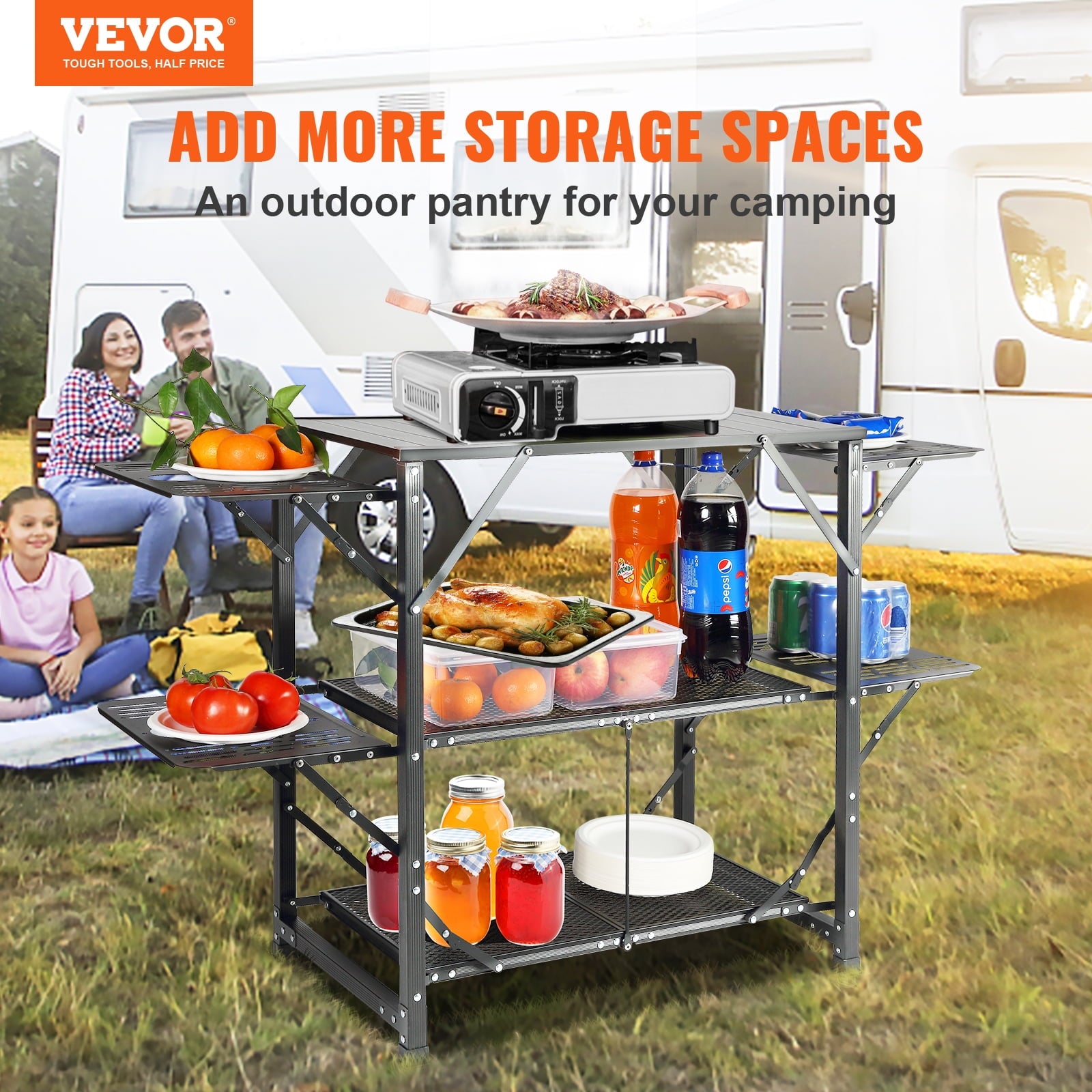 VEVOR Camping Kitchen Table, Quick set-up Folding Camping Table with A Carrying Bag, 3 Adjustable Heights, MDF Camping Table, Ideal for Outdoor Picnics, BBQs, Camping, RV Traveling