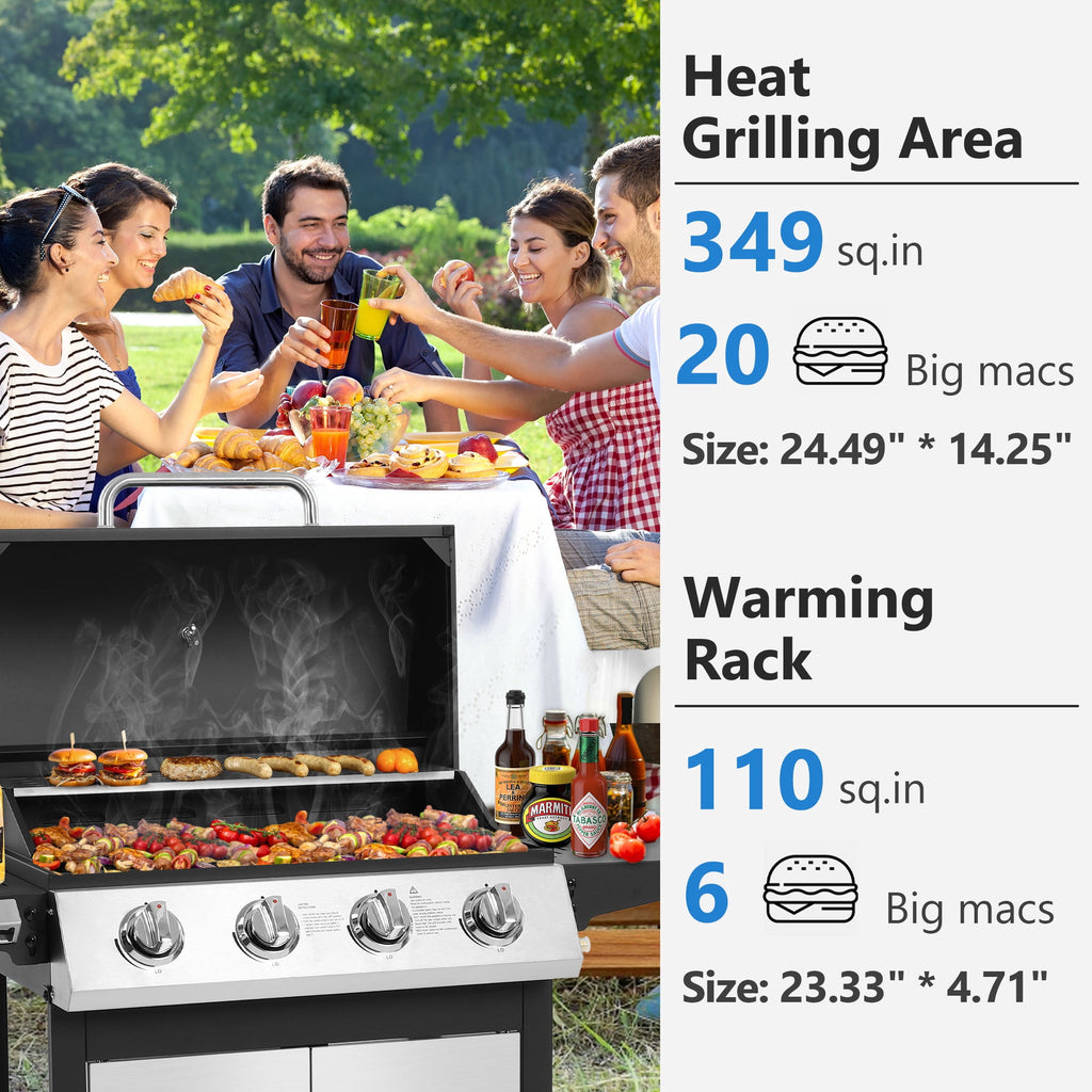 SEGMART 3 Burner BBQ Propane Gas Grill, Stainless Steel 30,000 BTU Patio Garden Barbecue Grill with Side Tables, Cleaning Brush & Thermometer, Perfect for Camping, Outdoor Cooking