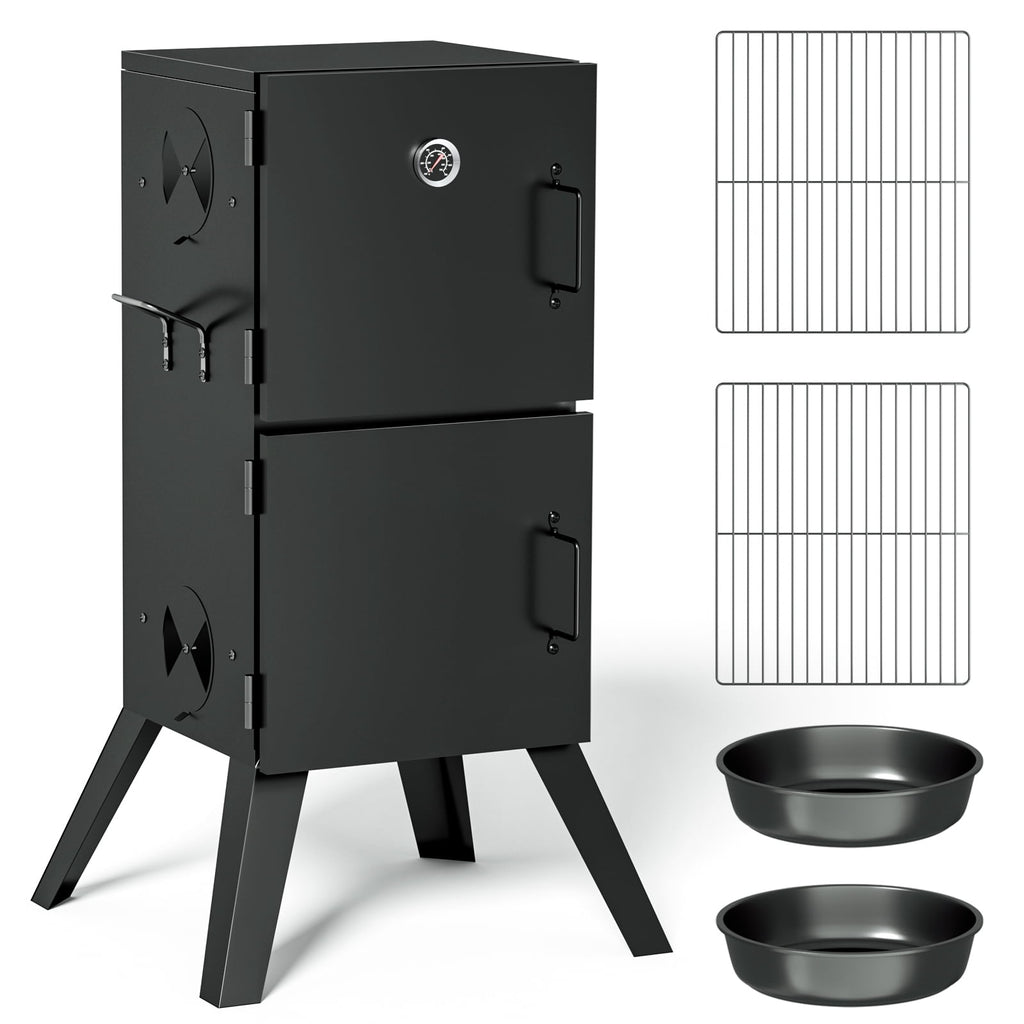 Kingchii Vertical Charcoal Smoker BBQ Grill with Built-in Thermometer, Portable Smoker for Backyard, Camping, Barbecue, and Outdoor Grilling