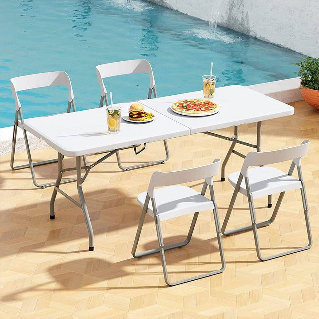 Leumius 6 Foot Folding Table,Fold-in-Half Plastic Table,Indoor Outdoor Picnic Party Dining Camp Tables,White