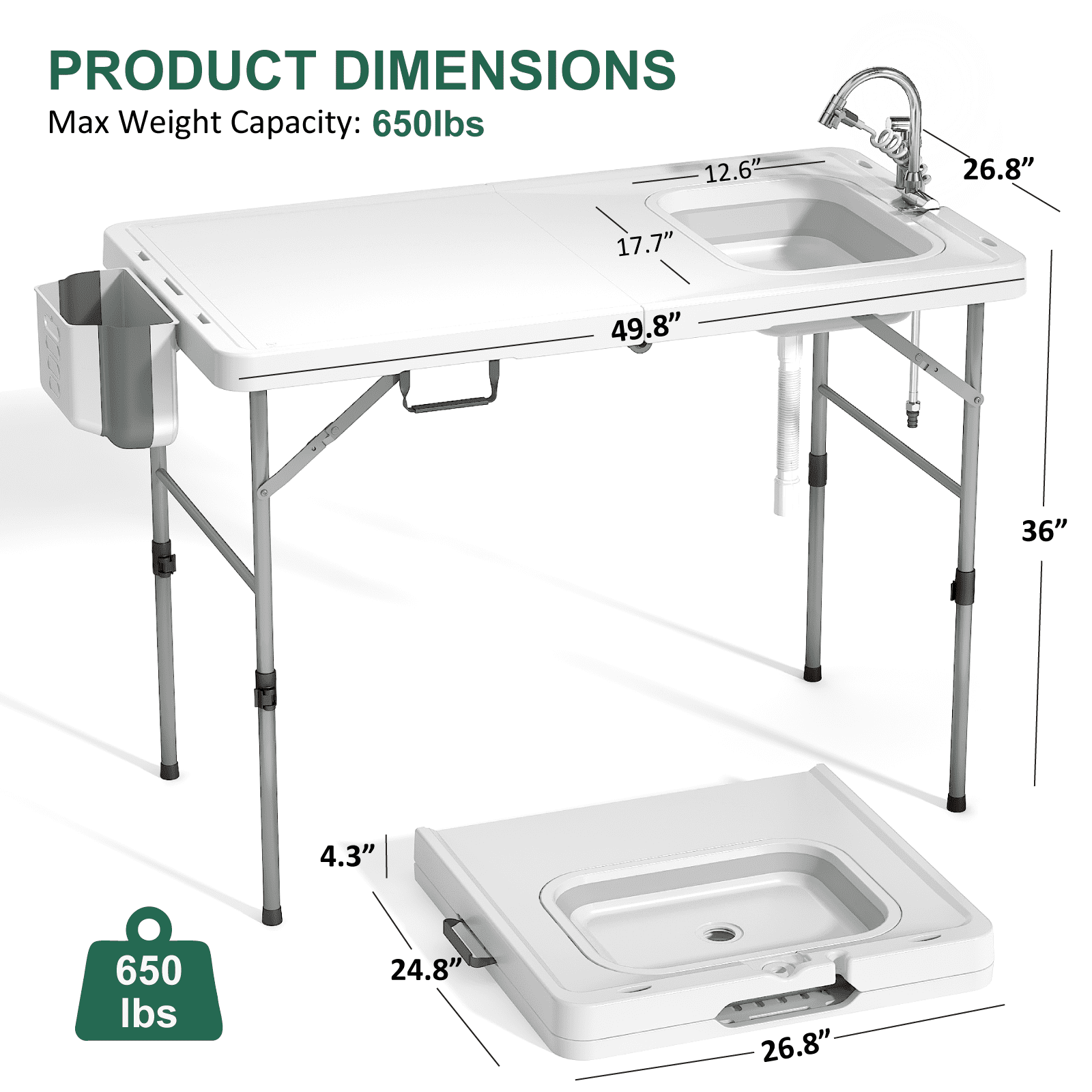 EVOKEDEN 42.5 Fish Cleaning Table w/ Sink, Folding Camping Table & Fish Cleaning Station w/ Measure Mark