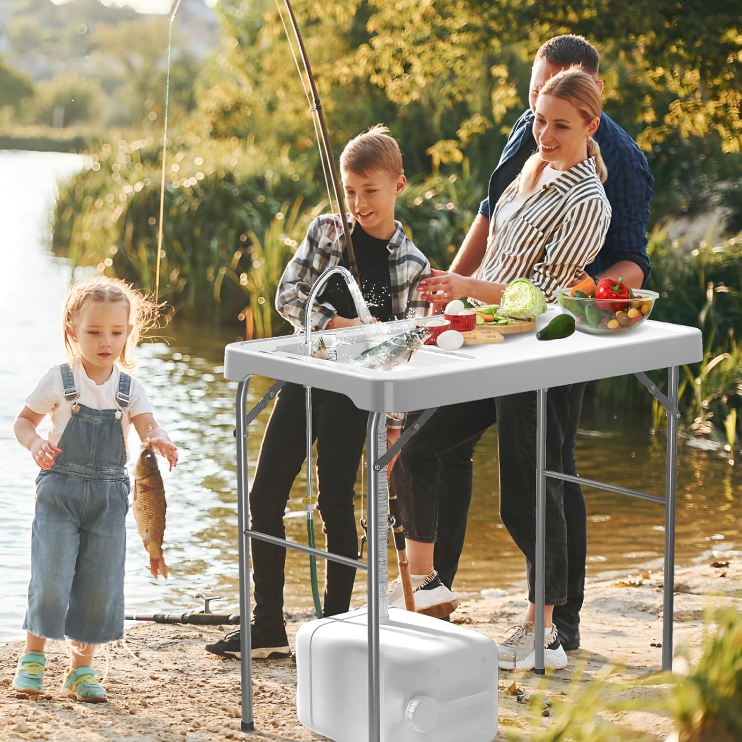 EVOKEDEN 42.5 Fish Cleaning Table w/ Sink, Folding Camping Table & Fish Cleaning Station w/ Measure Mark