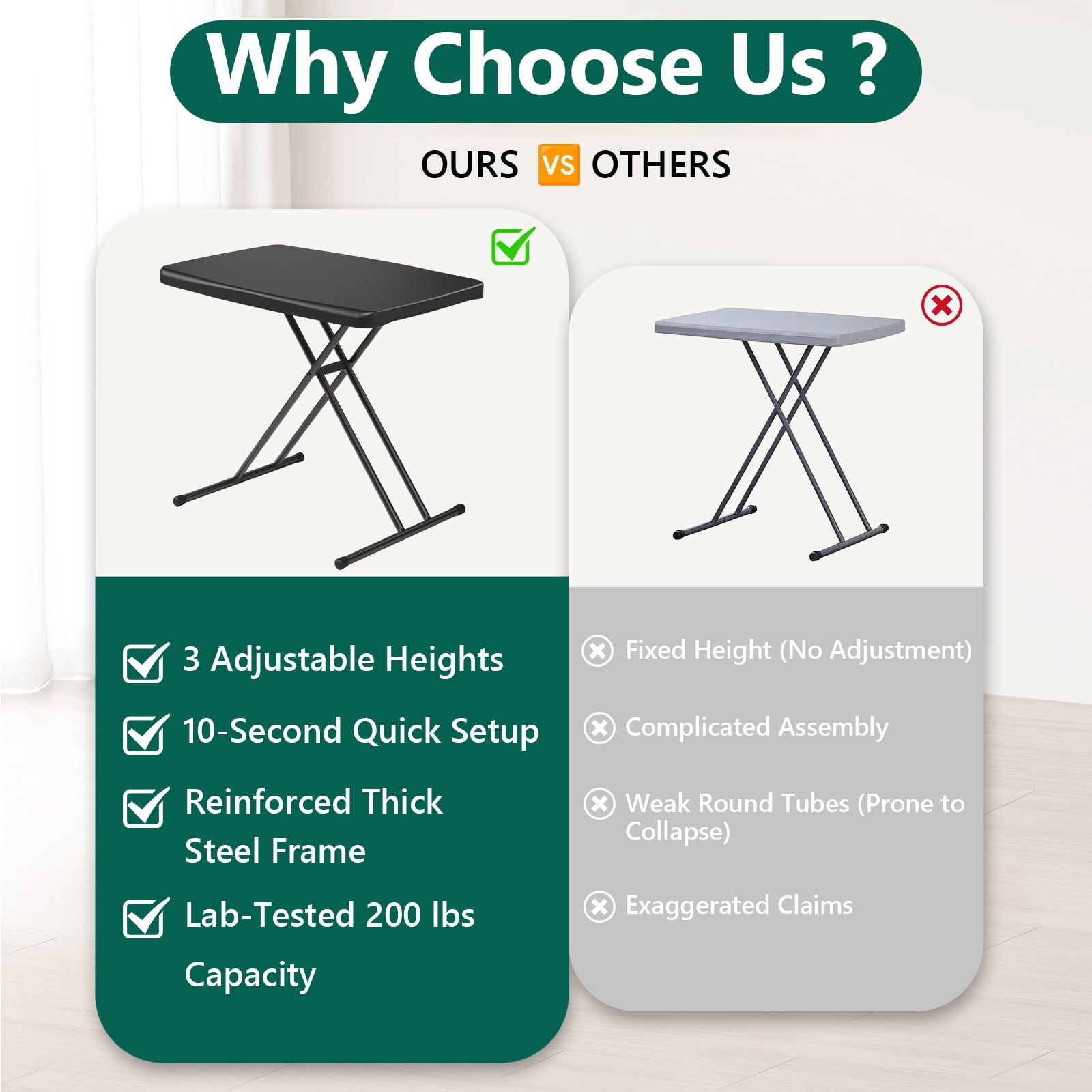 WASUHE 30 Small Folding Table, Height Adjustment Tv Tray Table, Practical Portable Tv Dinner Table for Eating, Sofa, Indoor/Outdoor, White